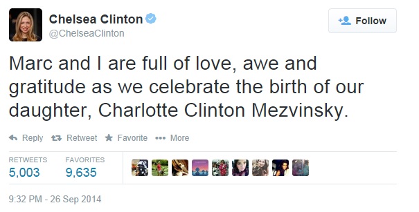 Chelsea Clinton Has a Daughter; Hillary Clinton Finally a Grandmother